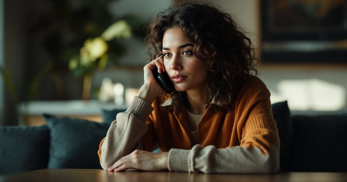 Personne en conversation téléphonique sincère, expression sereine, illustrant la puissance apaisante d'un appel vocal